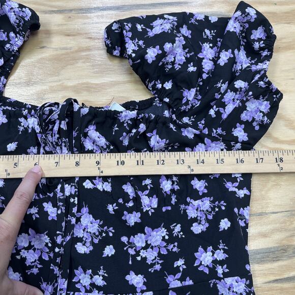 Y2K Milkmaid Babydoll Midi Dress Women's Large Black Floral Whimsigoth Fairy - Picture 10 of 14